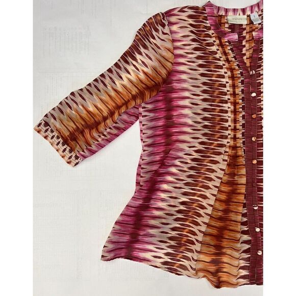 CHICO'S Ikat Tunic Top Semi-Sheer  3/4 Sleeve Button Blouse - Size 1 Small - Picture 3 of 11